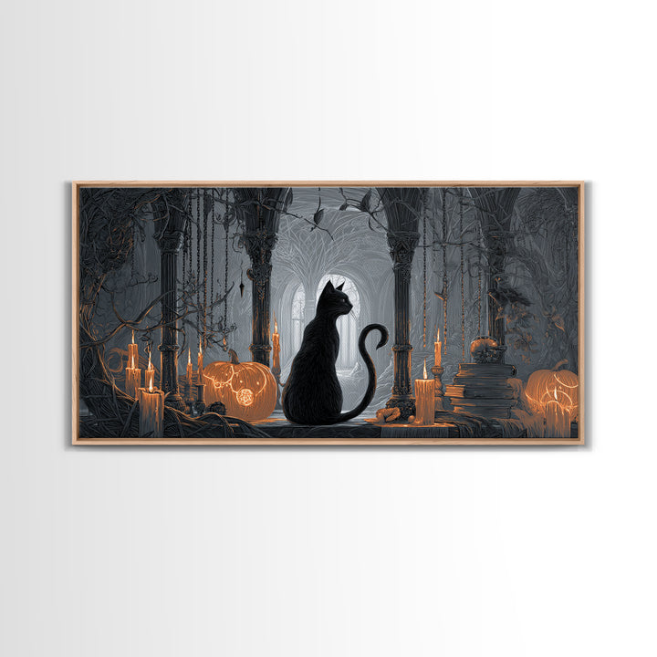 The Black Cat Familiar, Wide Panoramic Art, Haunted Gothic Art, Framed Canvas Print, Halloween Wall Decor, Gothic Home Decor
