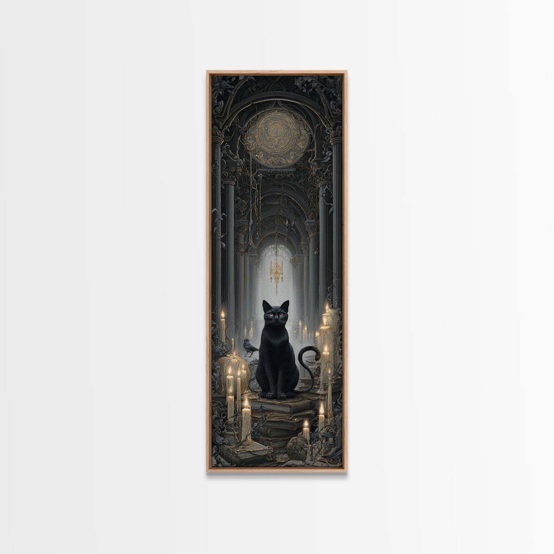 The Black Cat Familiar, Tall Narrow Wall Art, Dark Fantasy Wall Art, Canvas Print, Halloween Wall Decor, Gothic Home Decor