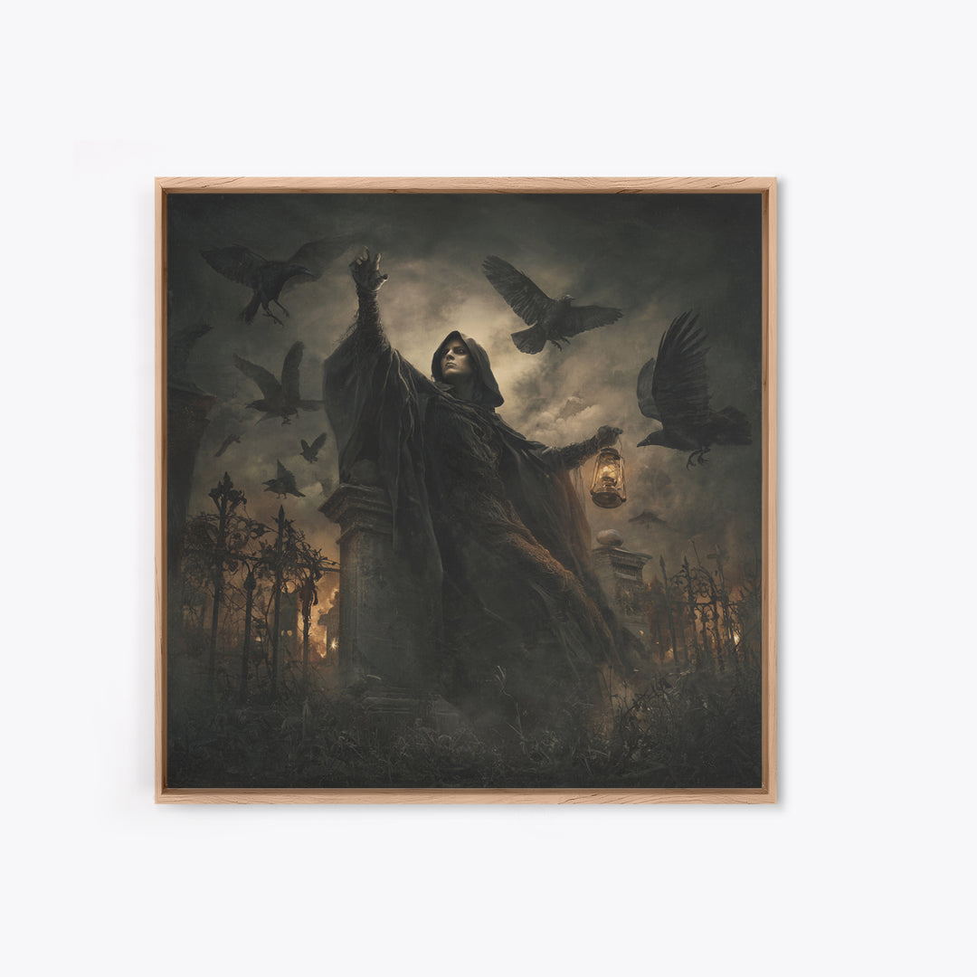 The Raven Keeper, Square Wall Art, Macabre Wall Art, Framed Canvas Print, Halloween Wall Decor, Gothic Home Decor, Halloween Wall Art