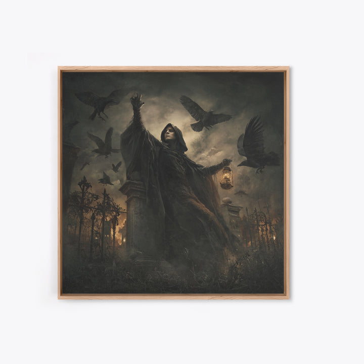 The Raven Keeper, Square Wall Art, Macabre Wall Art, Framed Canvas Print, Halloween Wall Decor, Gothic Home Decor, Halloween Wall Art