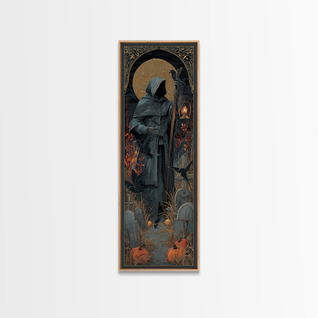 The Raven Keeper, Tall Narrow Wall Art, Haunted Gothic Art, Framed Canvas Print, Halloween Wall Decor, Gothic Home Decor, Halloween Wall Art