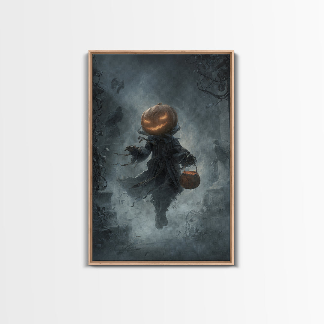 The Pumpkin-Headed Child, Vertical Wall Art, Haunted Gothic Art, Framed Canvas Print, Halloween Wall Decor, Gothic Home Decor
