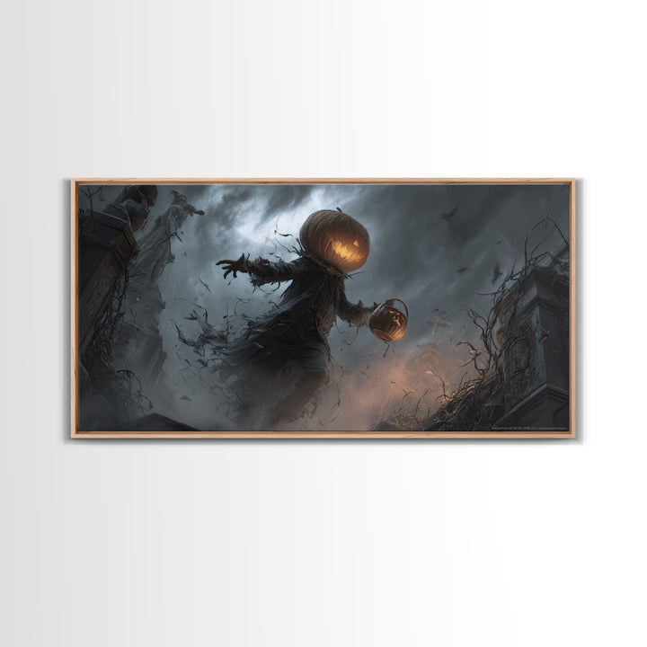 The Pumpkin-Headed Child, Wide Panoramic Art, Gothic Horror Wall Art, Framed Canvas Print, Halloween Wall Decor, Gothic Home Decor