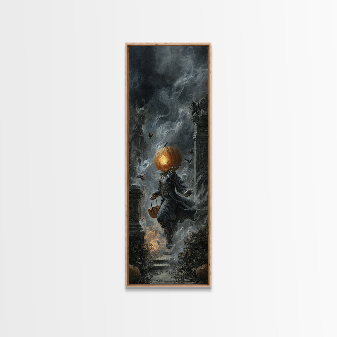 The Pumpkin-Headed Child, Tall Narrow Wall Art, Haunted Gothic Art, Framed Canvas Print, Halloween Wall Decor, Gothic Home Decor