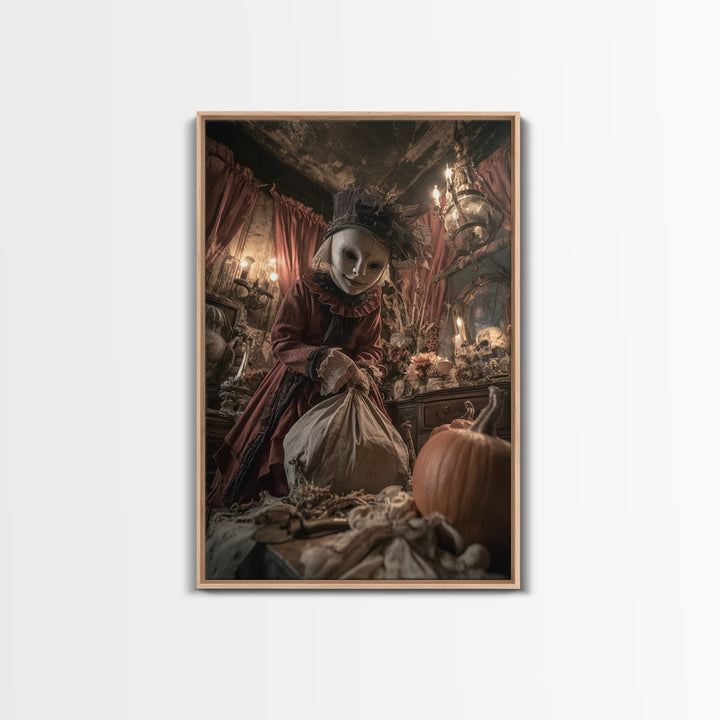 The Masked Candy Collector, Vertical Wall Art, Spooky Home Decor, Canvas Print, Halloween Wall Decor, Gothic Home Decor, Spooky Wall Decor