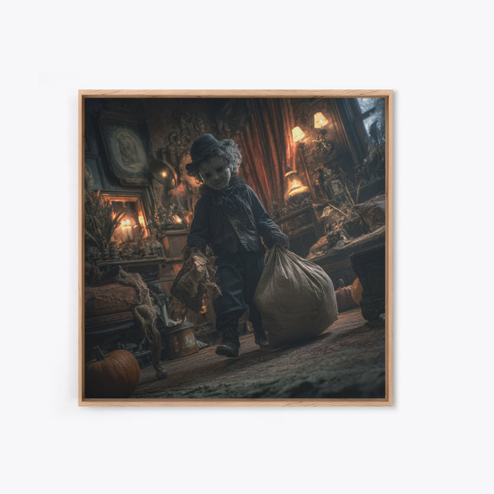 The Masked Candy Collector, Square Wall Art, Macabre Wall Art, Framed Canvas Print, Halloween Wall Decor, Gothic Home Decor