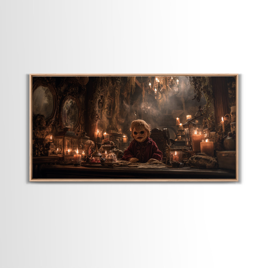 The Masked Candy Collector, Wide Panoramic Art, Dark Fantasy Wall Art, Canvas Print, Halloween Wall Decor, Gothic Home Decor