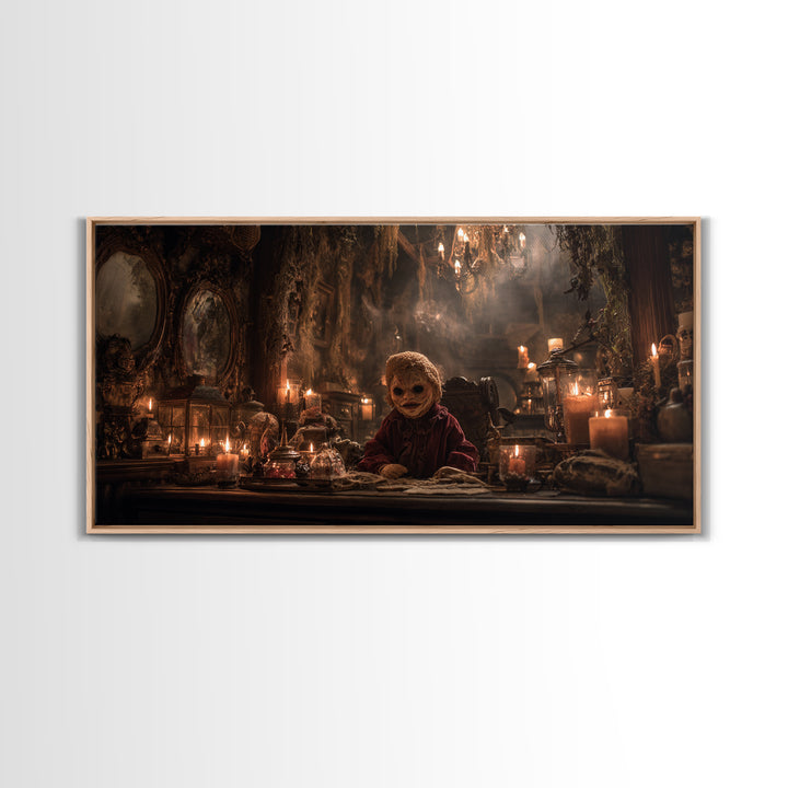 The Masked Candy Collector, Wide Panoramic Art, Dark Fantasy Wall Art, Canvas Print, Halloween Wall Decor, Gothic Home Decor