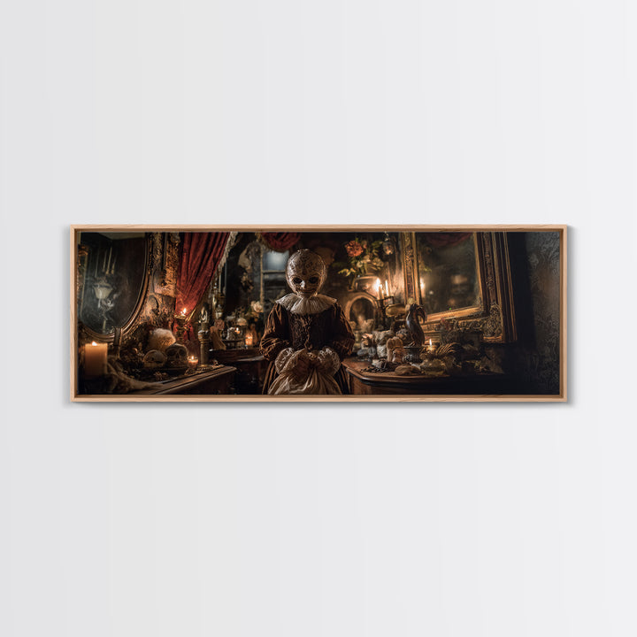 The Masked Candy Collector, Extra Wide Wall Art, Macabre Wall Art, Framed Canvas Print, Halloween Wall Decor, Gothic Home Decor