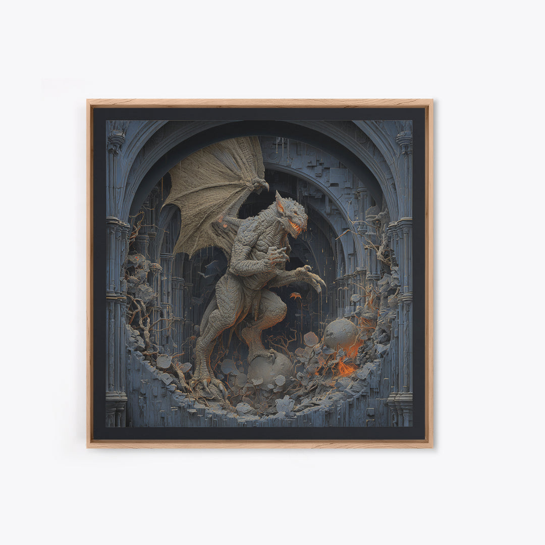 The Gargoyle Sentinel, Square Wall Art, Haunted Gothic Art, Framed Canvas Print, Halloween Wall Decor, Gothic Home Decor, Statement Wall Art