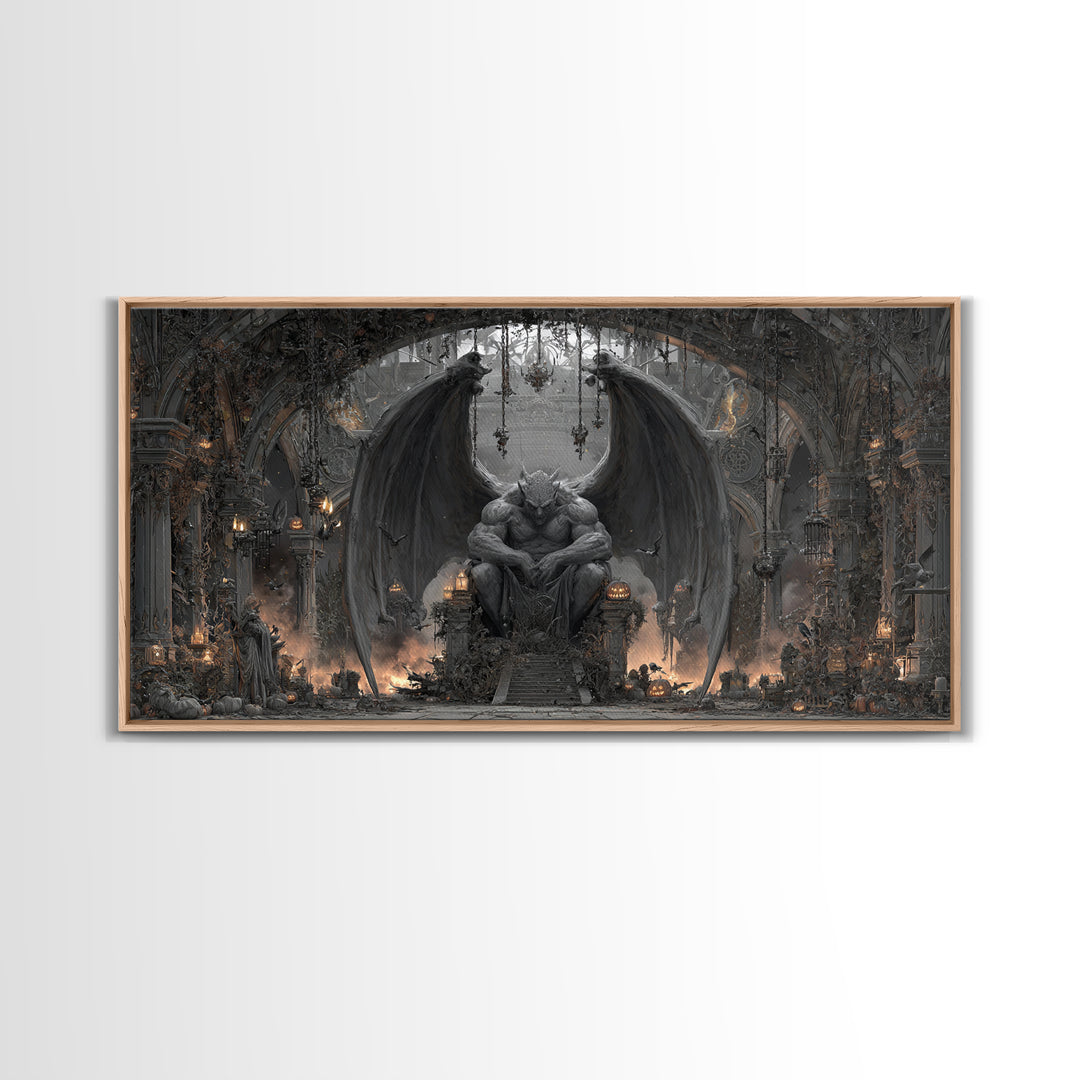 The Gargoyle Sentinel, Wide Panoramic Art, Gothic Horror Wall Art, Framed Canvas Print, Halloween Wall Decor, Gothic Home Decor