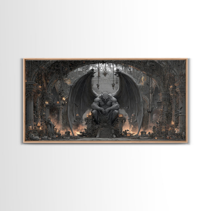 The Gargoyle Sentinel, Wide Panoramic Art, Gothic Horror Wall Art, Framed Canvas Print, Halloween Wall Decor, Gothic Home Decor
