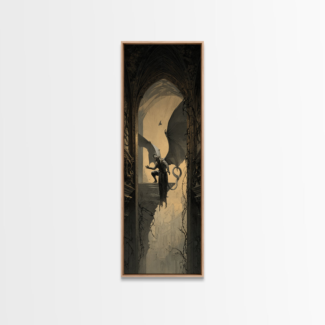 The Gargoyle Sentinel, Tall Narrow Wall Art, Dark Halloween Decor, Canvas Print, Halloween Wall Decor, Gothic Home Decor, Dark Fantasy Art