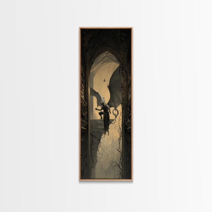 The Gargoyle Sentinel, Tall Narrow Wall Art, Dark Halloween Decor, Canvas Print, Halloween Wall Decor, Gothic Home Decor, Dark Fantasy Art