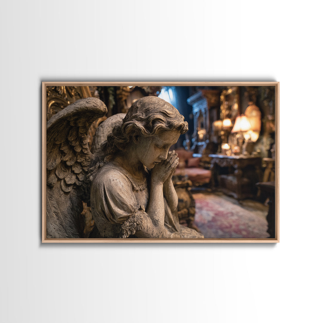 The Weeping Cemetery Angel, Landscape Wall Art, Haunted Gothic Art, Framed Canvas Print, Halloween Wall Decor, Gothic Home Decor