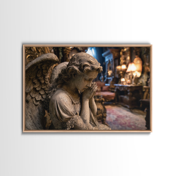 The Weeping Cemetery Angel, Landscape Wall Art, Haunted Gothic Art, Framed Canvas Print, Halloween Wall Decor, Gothic Home Decor
