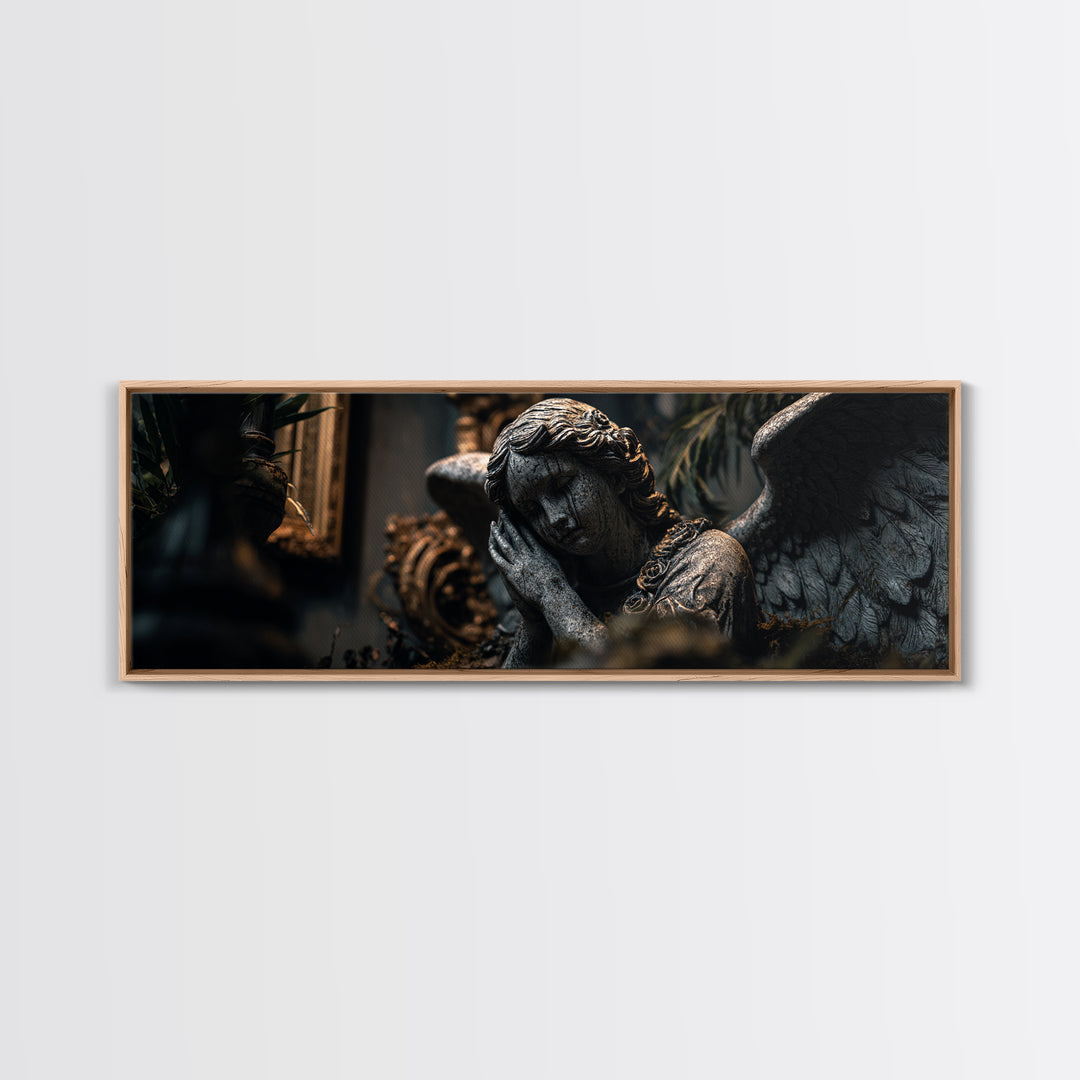The Weeping Cemetery Angel, Extra Wide Wall Art, Macabre Wall Art, Framed Canvas Print, Halloween Wall Decor, Gothic Home Decor
