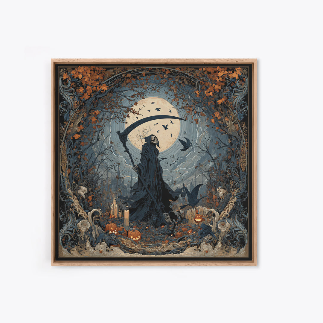 The Fog-Bound Reaper, Square Wall Art, Macabre Wall Art, Framed Canvas Print, Halloween Wall Decor, Gothic Home Decor, Horror Wall Art