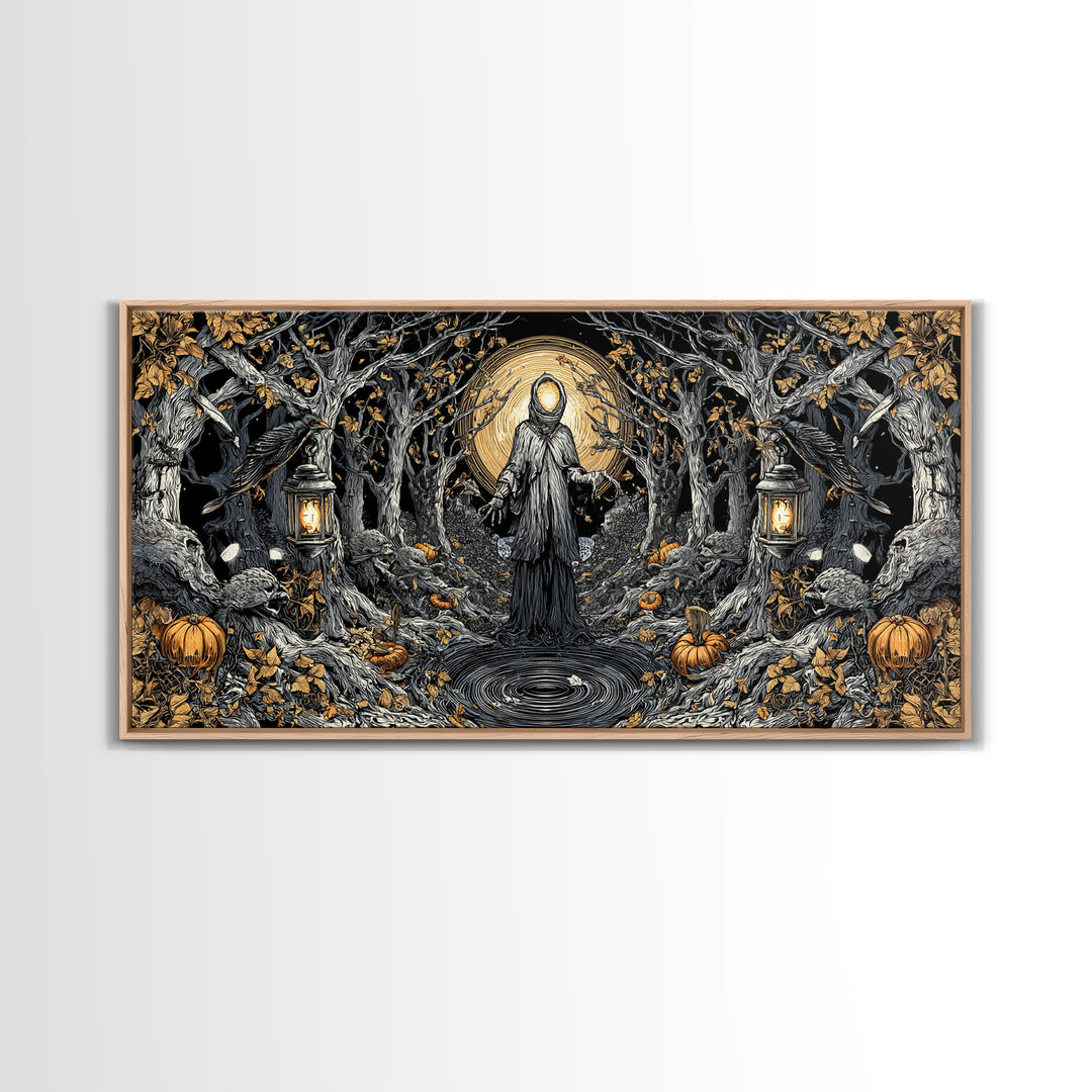 The Lantern Specter, Wide Panoramic Art, Gothic Horror Wall Art, Framed Canvas Print, Halloween Wall Decor, Gothic Home Decor