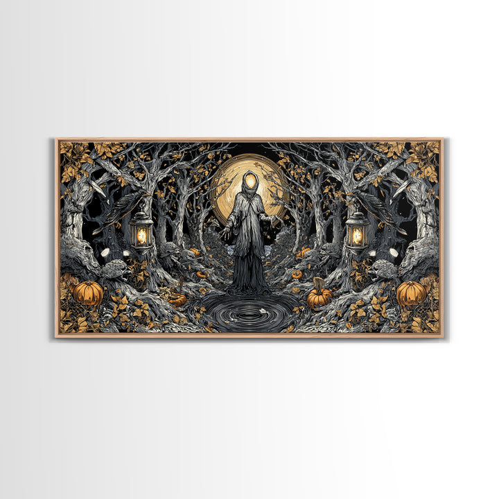 The Lantern Specter, Wide Panoramic Art, Gothic Horror Wall Art, Framed Canvas Print, Halloween Wall Decor, Gothic Home Decor