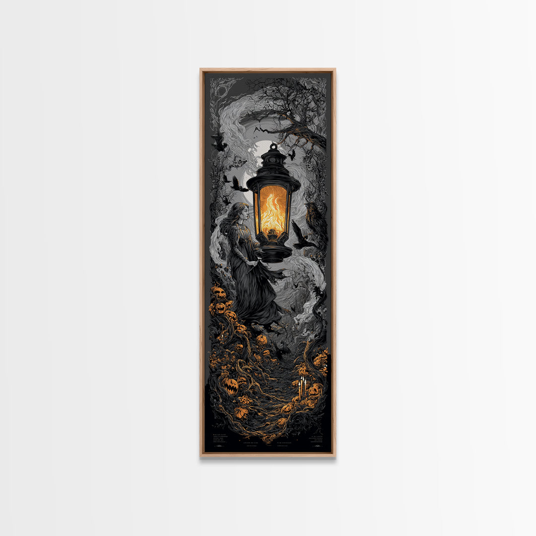 The Lantern Specter, Tall Narrow Wall Art, Haunted Gothic Art, Framed Canvas Print, Halloween Wall Decor, Gothic Home Decor