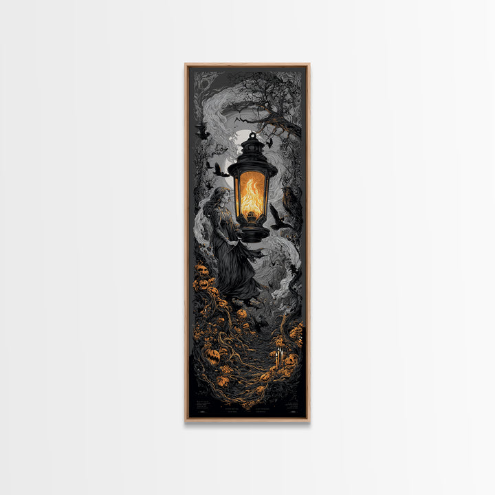 The Lantern Specter, Tall Narrow Wall Art, Haunted Gothic Art, Framed Canvas Print, Halloween Wall Decor, Gothic Home Decor