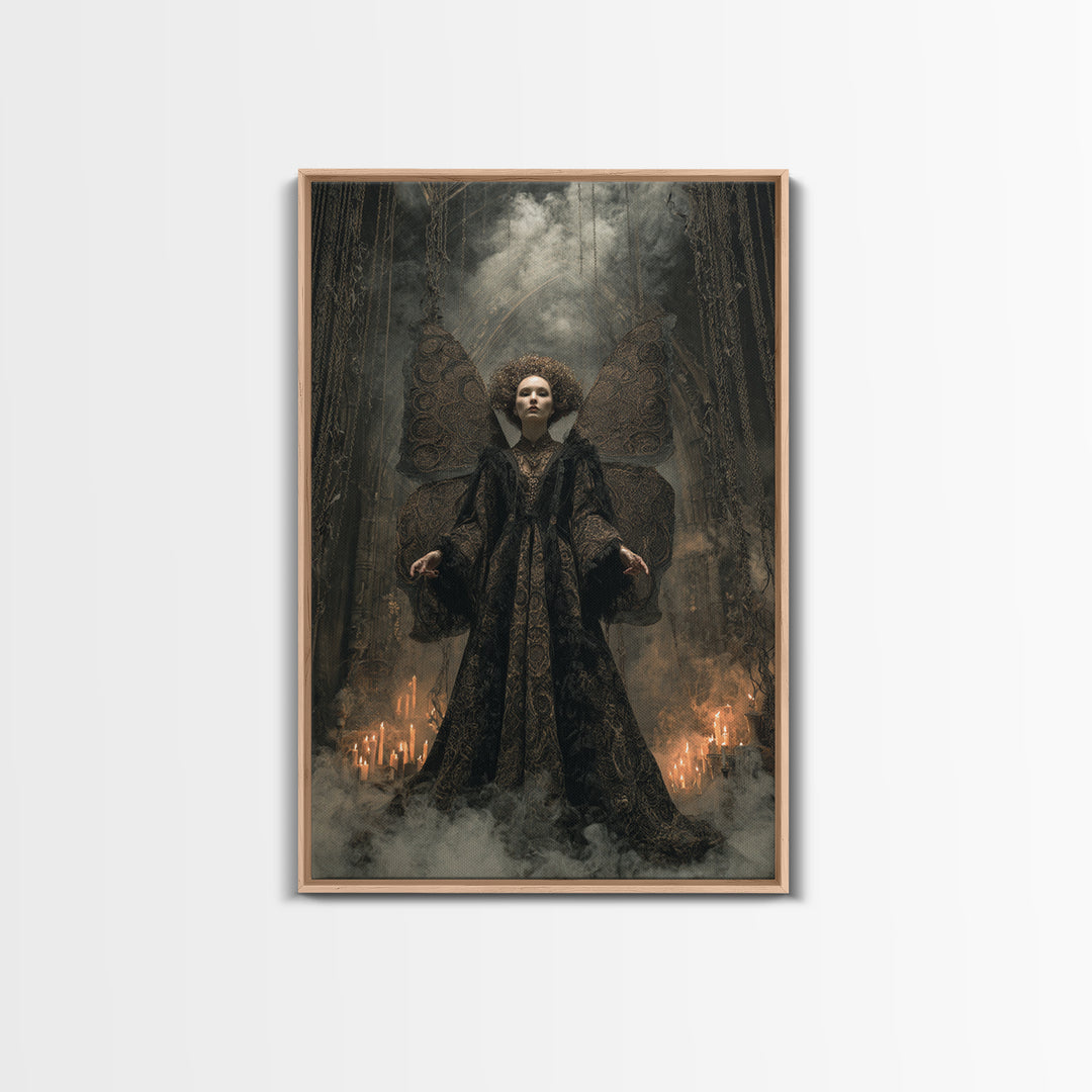 The Velvet Moth Witch, Vertical Wall Art, Macabre Wall Art, Framed Canvas Print, Halloween Wall Decor, Gothic Home Decor, Halloween Decor