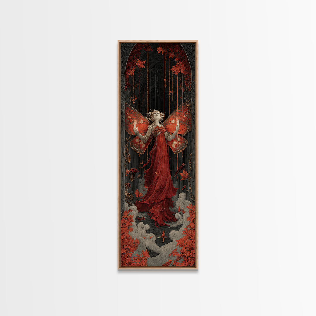 The Velvet Moth Witch, Tall Narrow Wall Art, Macabre Wall Art, Framed Canvas Print, Halloween Wall Decor, Gothic Home Decor