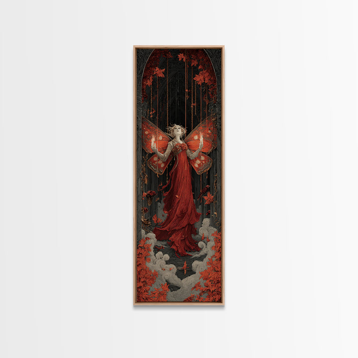 The Velvet Moth Witch, Tall Narrow Wall Art, Macabre Wall Art, Framed Canvas Print, Halloween Wall Decor, Gothic Home Decor