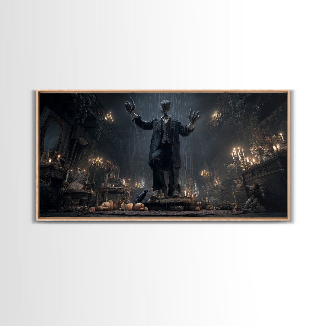 The Marionette Master, Wide Panoramic Art, Macabre Wall Art, Framed Canvas Print, Halloween Wall Decor, Gothic Home Decor, Spooky Wall Decor