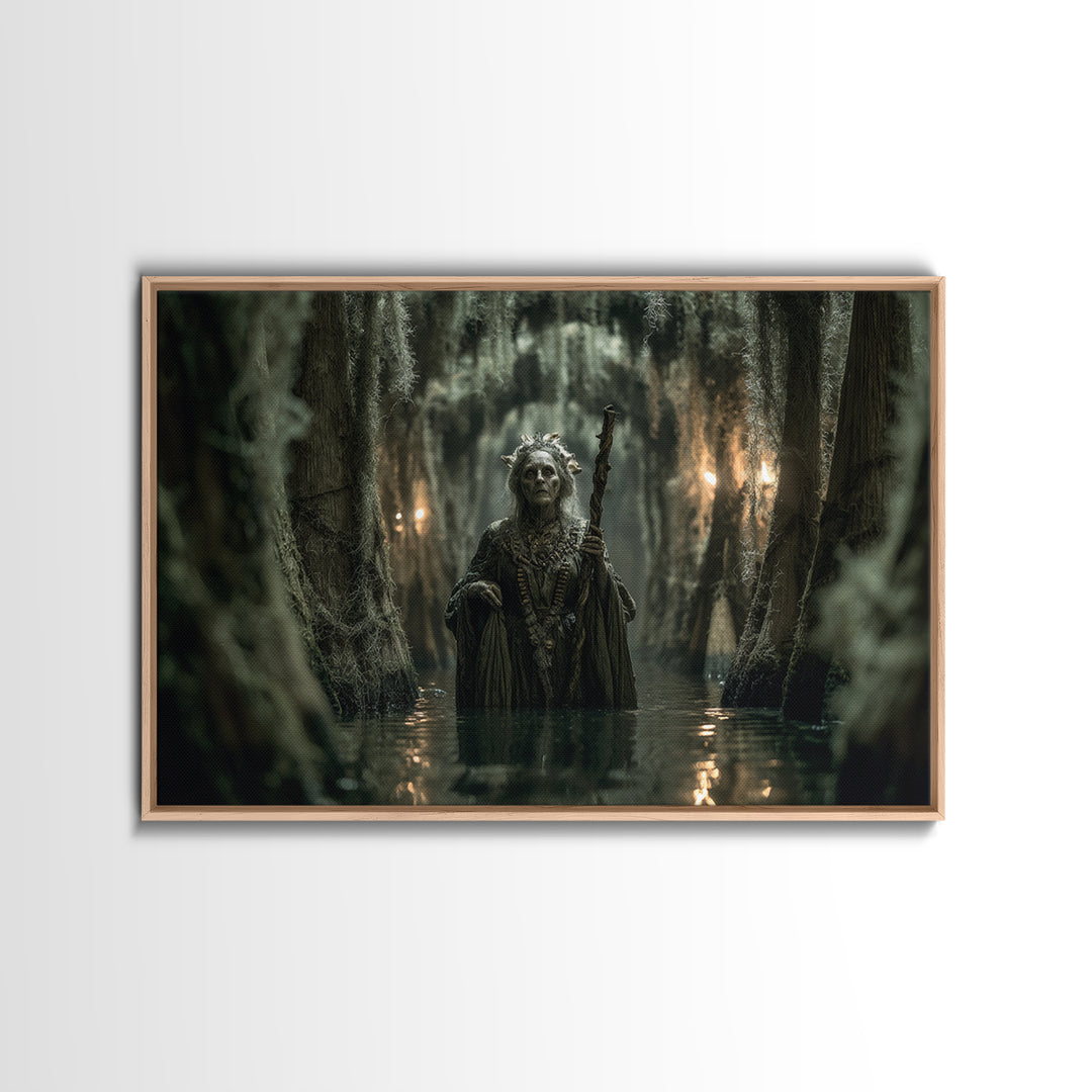 The Swamp Witch, Landscape Wall Art, Gothic Horror Wall Art, Framed Canvas Print, Halloween Wall Decor, Gothic Home Decor