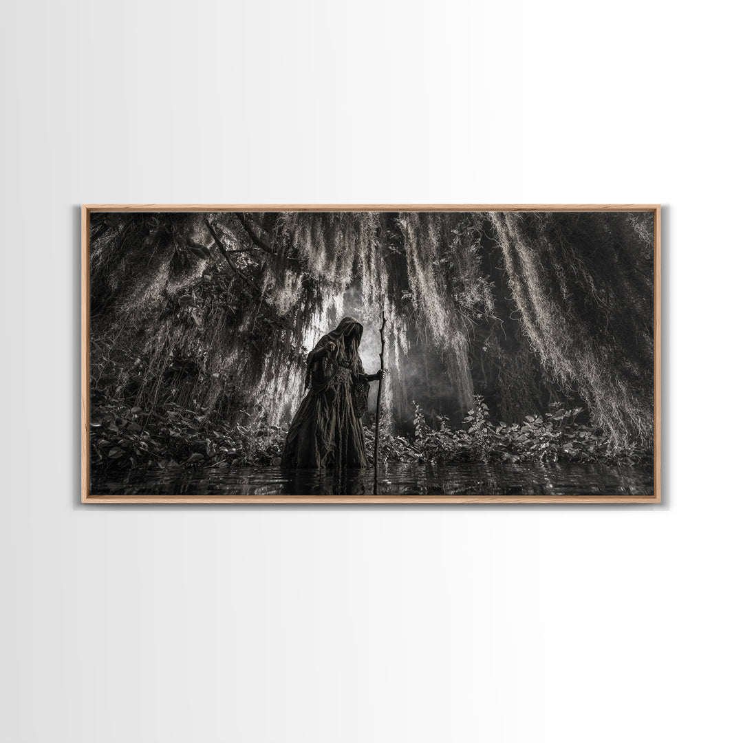 The Swamp Witch, Wide Panoramic Art, Gothic Horror Wall Art, Framed Canvas Print, Halloween Wall Decor, Gothic Home Decor