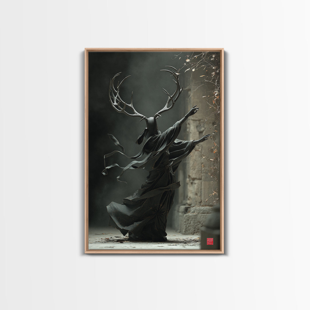 The Antlered Forest Spirit, Vertical Wall Art, Macabre Wall Art, Framed Canvas Print, Halloween Wall Decor, Gothic Home Decor