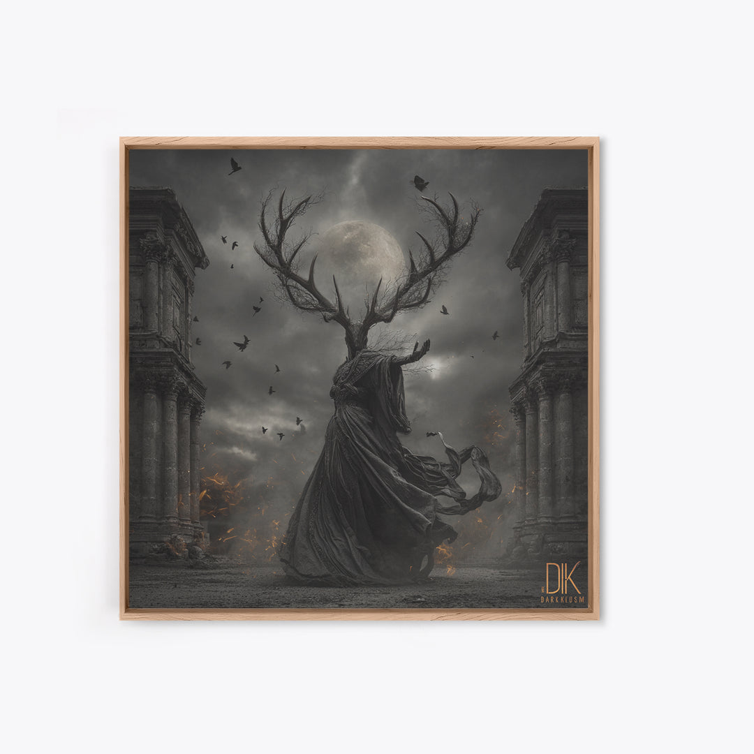 The Antlered Forest Spirit, Square Wall Art, Haunted Gothic Art, Framed Canvas Print, Halloween Wall Decor, Gothic Home Decor