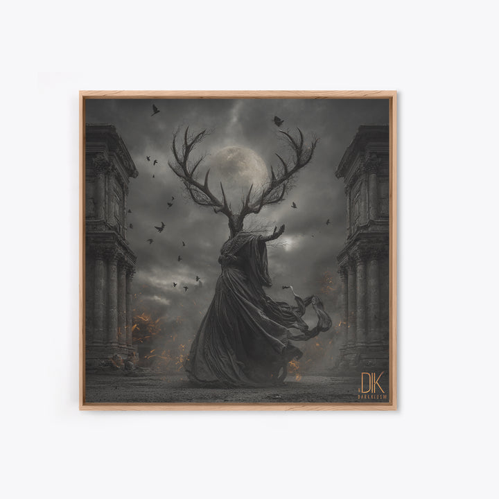 The Antlered Forest Spirit, Square Wall Art, Haunted Gothic Art, Framed Canvas Print, Halloween Wall Decor, Gothic Home Decor