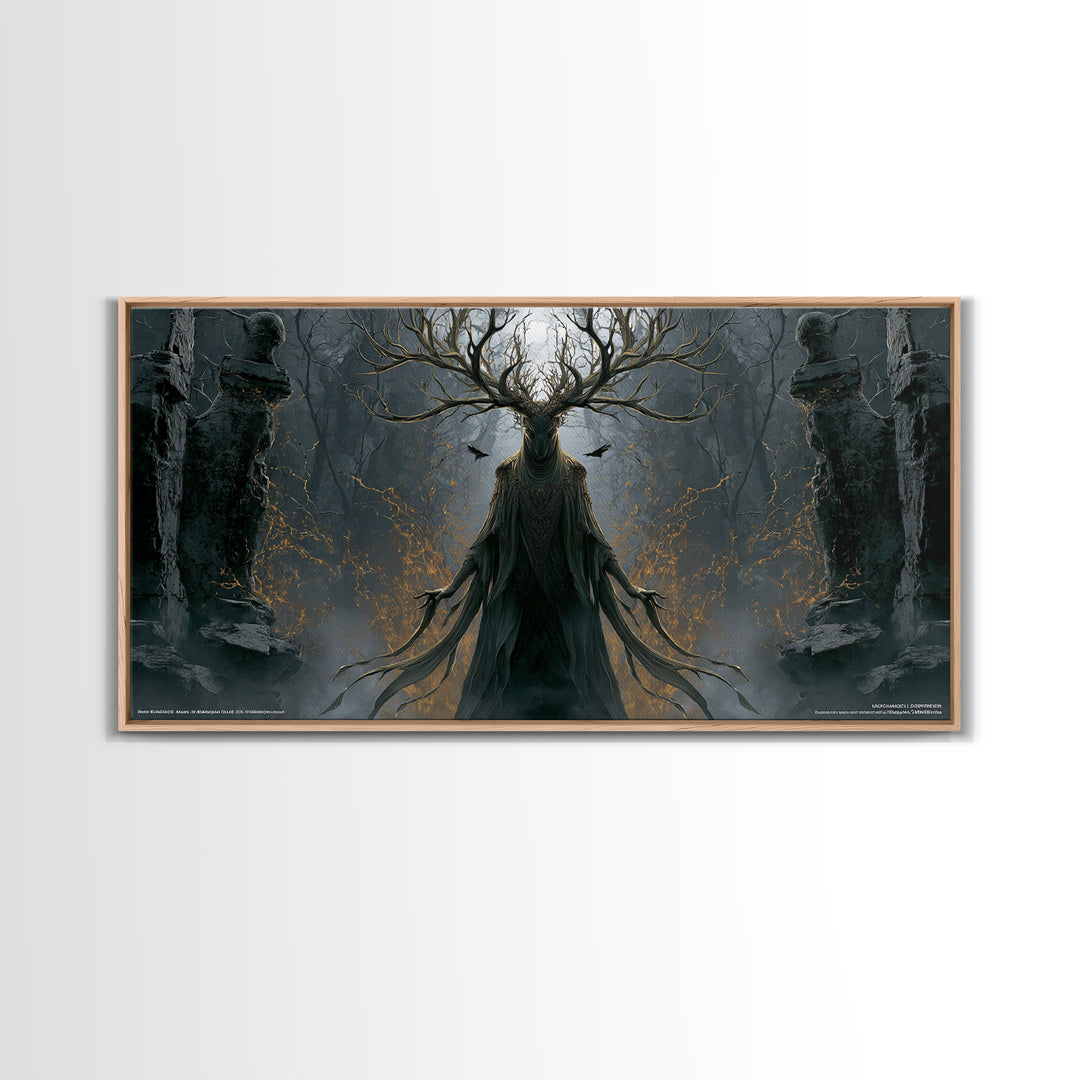 The Antlered Forest Spirit, Wide Panoramic Art, Gothic Horror Wall Art, Framed Canvas Print, Halloween Wall Decor, Gothic Home Decor