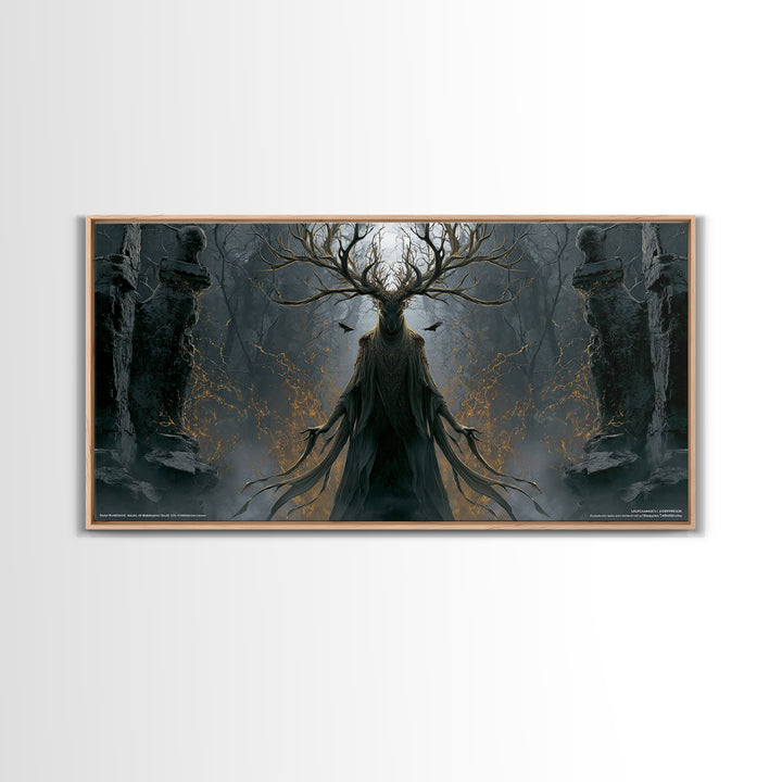 The Antlered Forest Spirit, Wide Panoramic Art, Gothic Horror Wall Art, Framed Canvas Print, Halloween Wall Decor, Gothic Home Decor