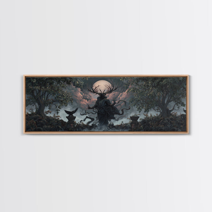 The Antlered Forest Spirit, Extra Wide Wall Art, Dark Fantasy Wall Art, Canvas Print, Halloween Wall Decor, Gothic Home Decor
