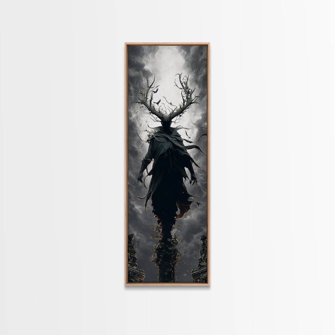 The Antlered Forest Spirit, Tall Narrow Wall Art, Macabre Wall Art, Framed Canvas Print, Halloween Wall Decor, Gothic Home Decor
