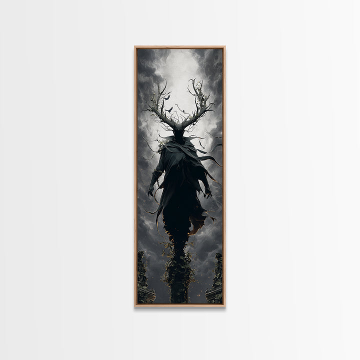 The Antlered Forest Spirit, Tall Narrow Wall Art, Macabre Wall Art, Framed Canvas Print, Halloween Wall Decor, Gothic Home Decor