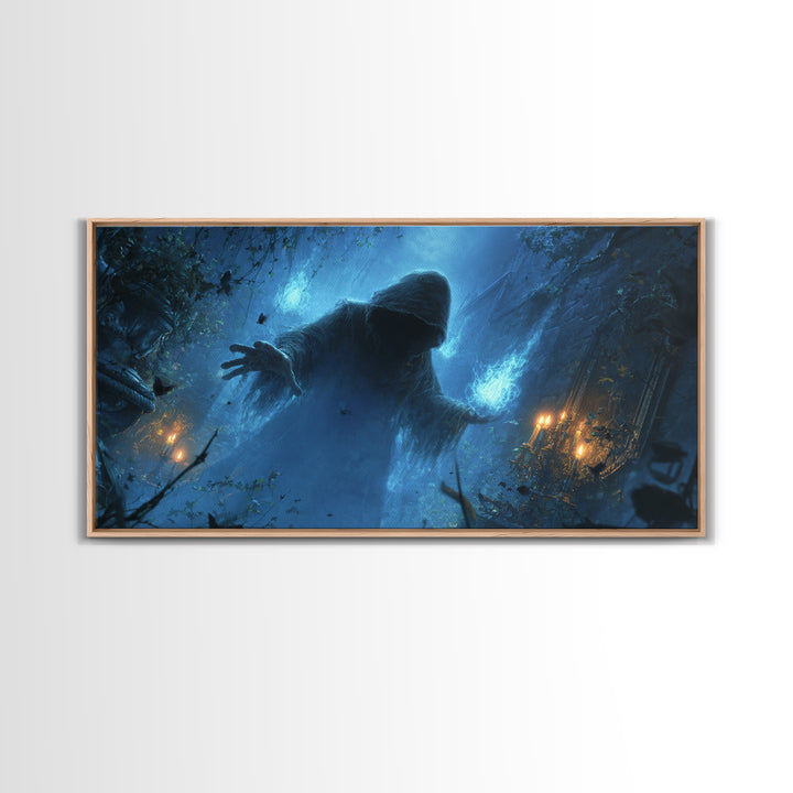 The Will-O'-The-Wisp Shepherd, Wide Panoramic Art, Gothic Horror Wall Art, Framed Canvas Print, Halloween Wall Decor, Gothic Home Decor