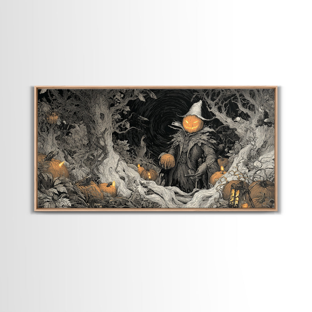 The Pumpkin Patch Goblin, Wide Panoramic Art, Spooky Home Decor, Canvas Print, Halloween Wall Decor, Gothic Home Decor, Spooky Wall Decor