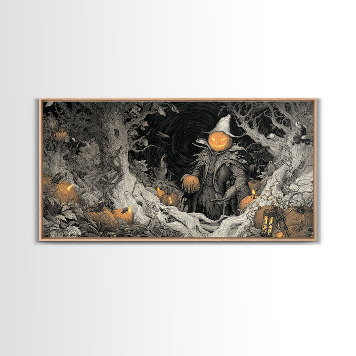 The Pumpkin Patch Goblin, Wide Panoramic Art, Spooky Home Decor, Canvas Print, Halloween Wall Decor, Gothic Home Decor, Spooky Wall Decor