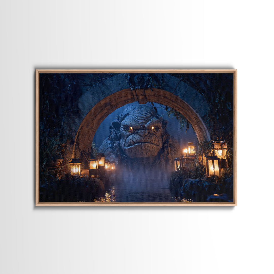 The Bridge Troll At Midnight, Landscape Wall Art, Gothic Horror Wall Art, Framed Canvas Print, Halloween Wall Decor, Gothic Home Decor