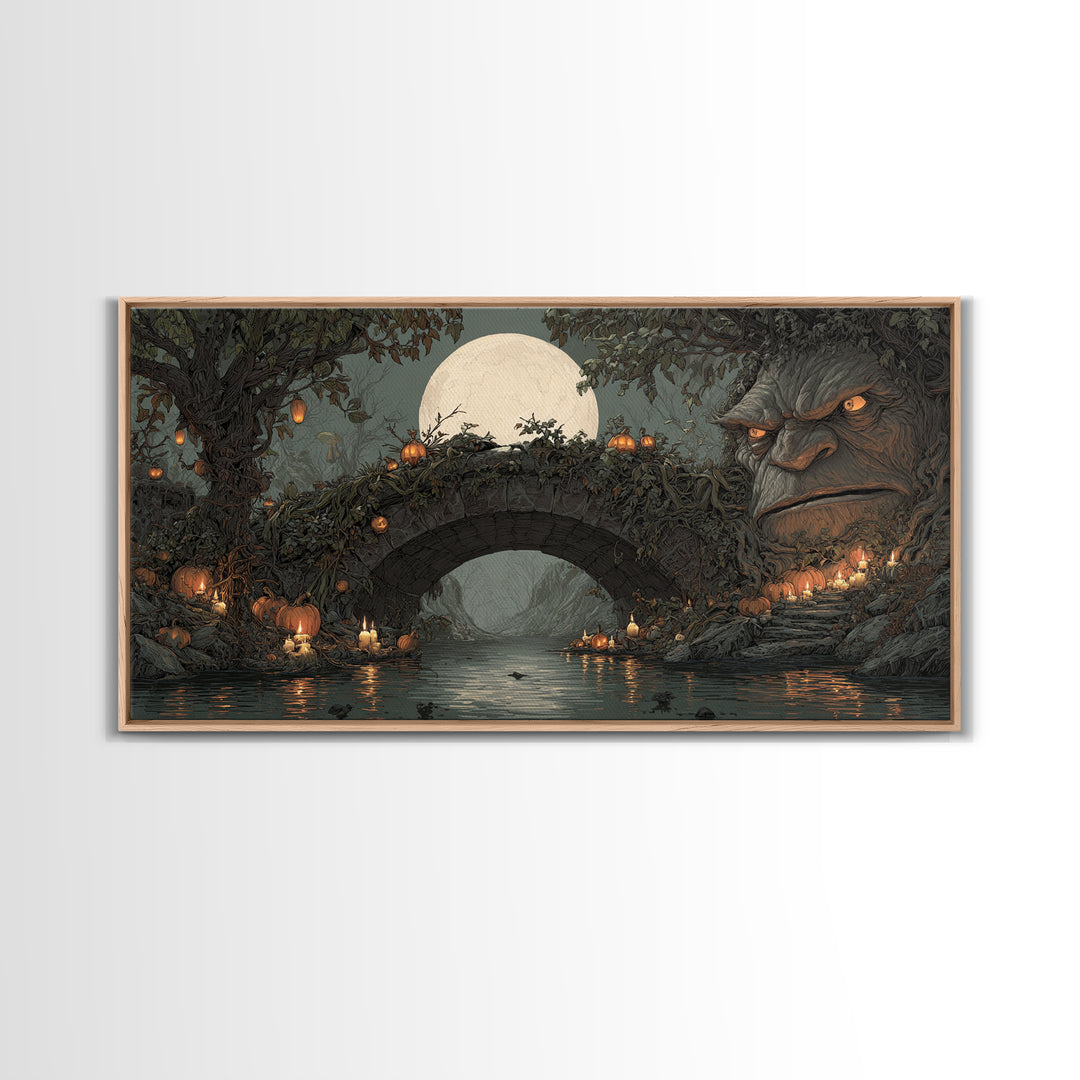 The Bridge Troll At Midnight, Wide Panoramic Art, Dark Fantasy Wall Art, Canvas Print, Halloween Wall Decor, Gothic Home Decor