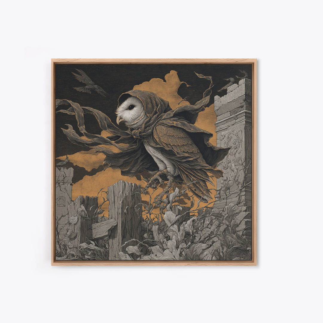 The Owl-Faced Omen, Square Wall Art, Gothic Horror Wall Art, Framed Canvas Print, Halloween Wall Decor, Gothic Home Decor, Spooky Wall Decor