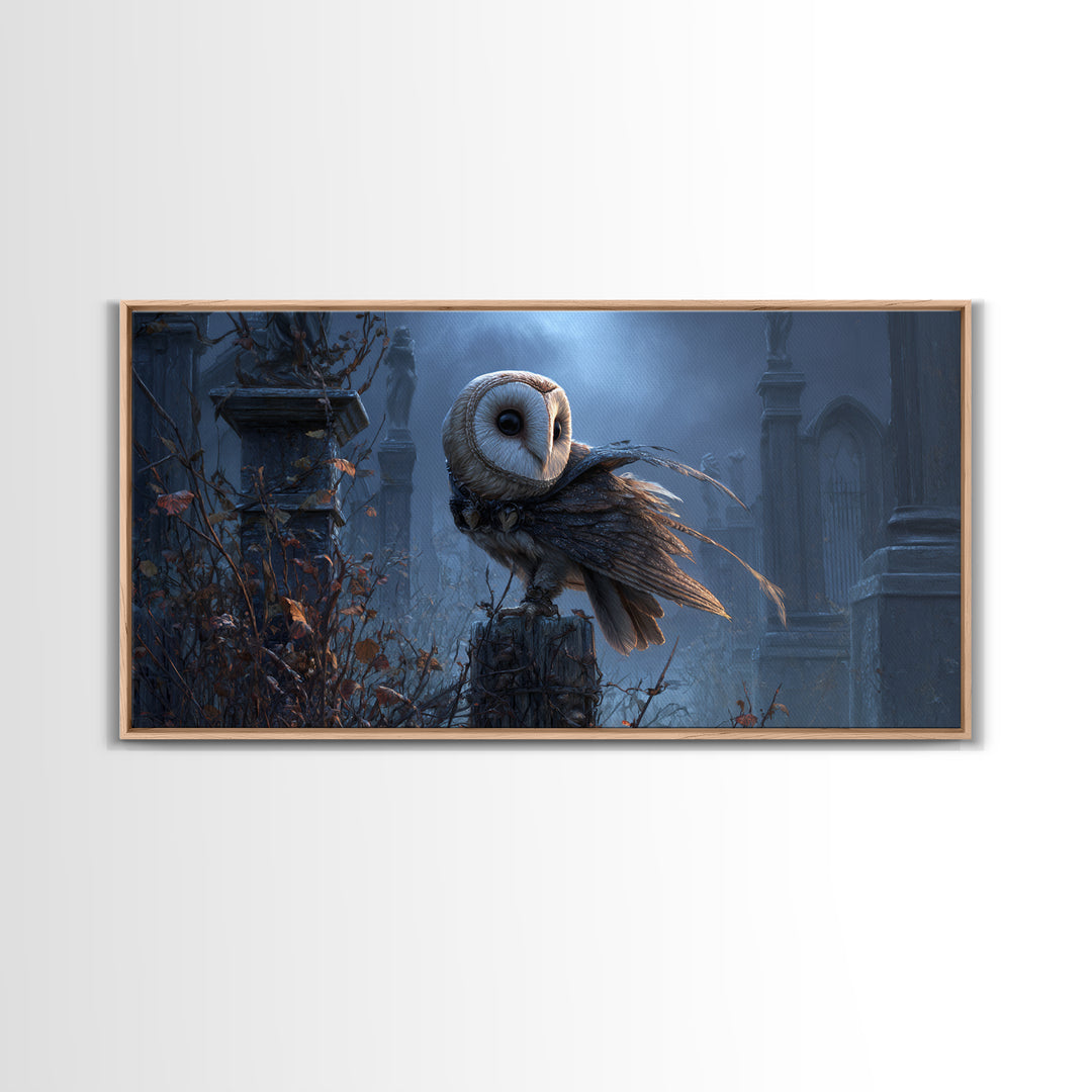 The Owl-Faced Omen, Wide Panoramic Art, Gothic Horror Wall Art, Framed Canvas Print, Halloween Wall Decor, Gothic Home Decor