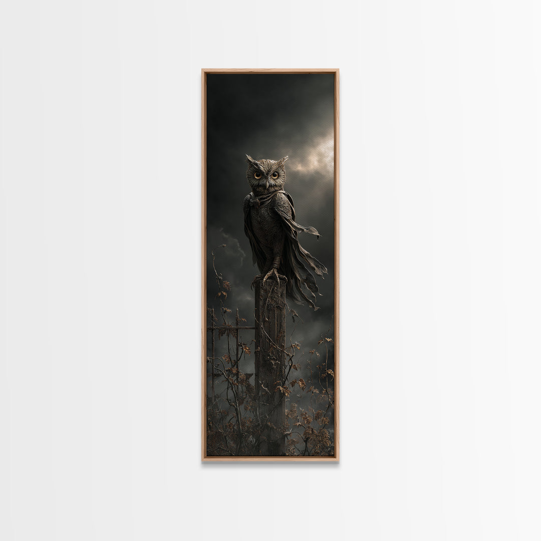The Owl-Faced Omen, Tall Narrow Wall Art, Haunted Gothic Art, Framed Canvas Print, Halloween Wall Decor, Gothic Home Decor