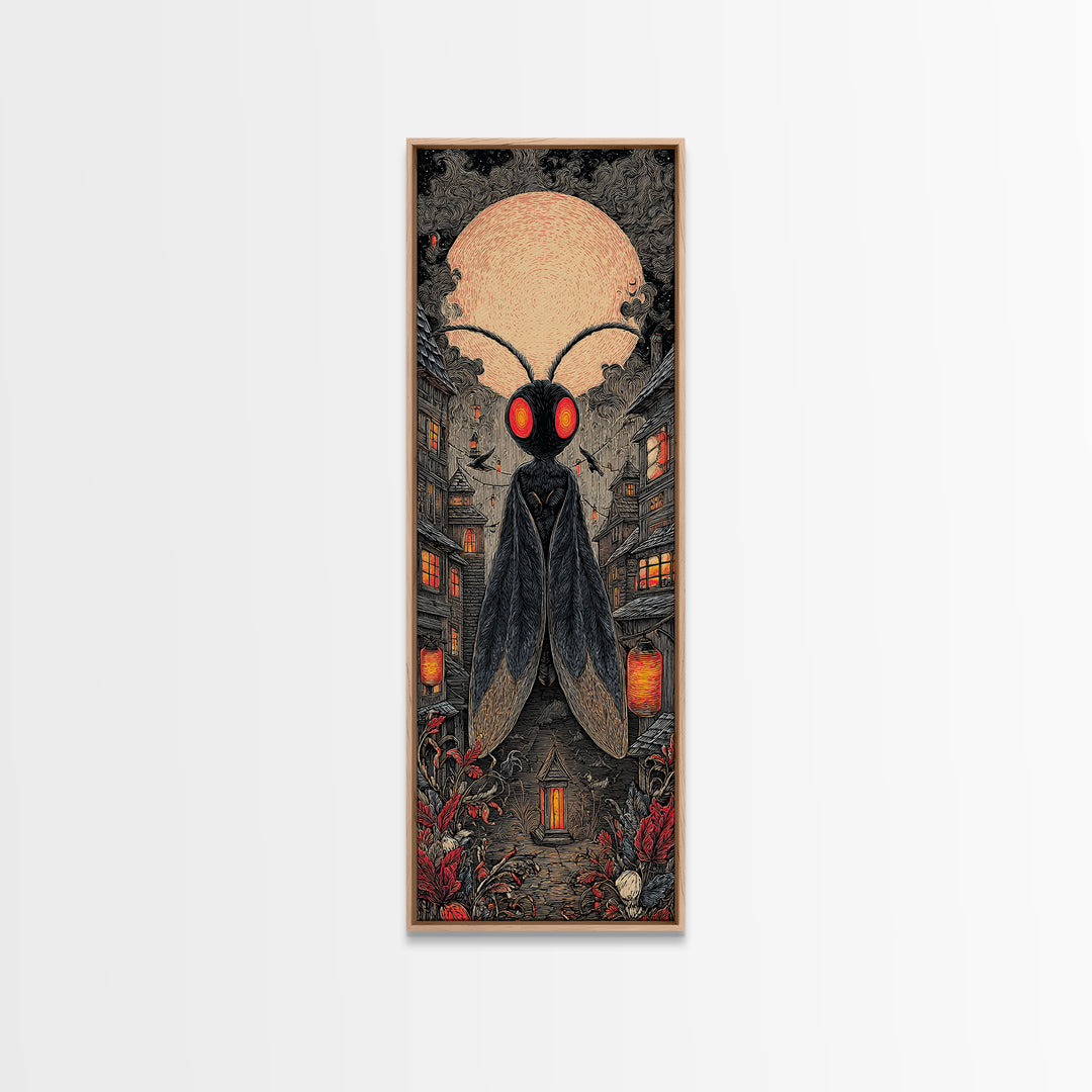 The Red-Eyed Moth Creature, Tall Narrow Wall Art, Spooky Home Decor, Canvas Print, Halloween Wall Decor, Gothic Home Decor