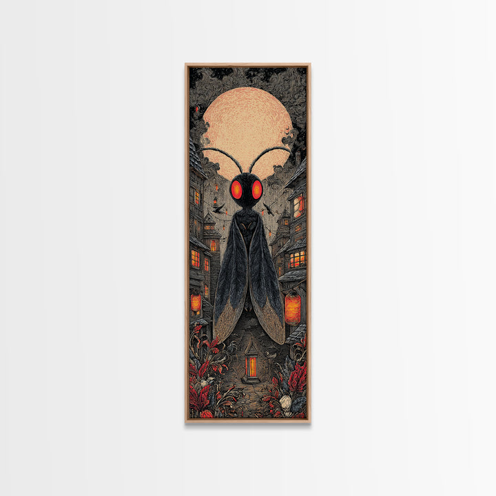 The Red-Eyed Moth Creature, Tall Narrow Wall Art, Spooky Home Decor, Canvas Print, Halloween Wall Decor, Gothic Home Decor